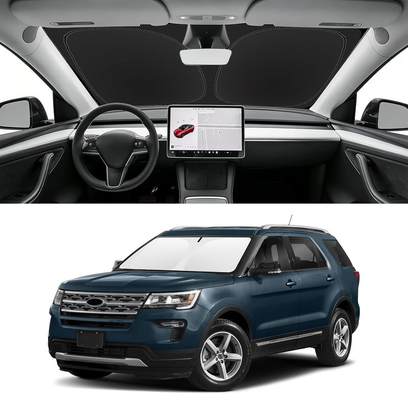 SLOGENTO غطاء شمس للزجاج الأمامي مخصص لسيارة فورد إكسبلورر 2011-2019، يحجب الأشعة فوق البنفسجية والحرارة، غطاء شمس للنافذة الأمامية، سهل الطي والتخزين - Image 1